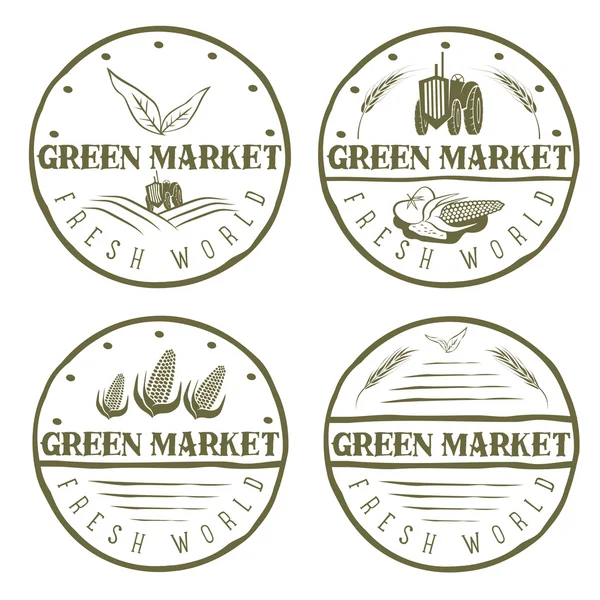 Set of vintage labels of green market with tractor and vegetable — Stock Vector