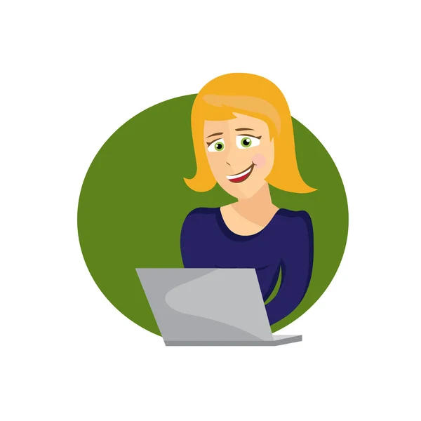 Cartoon afbeelding van jonge vrouw met laptop — Stockvector