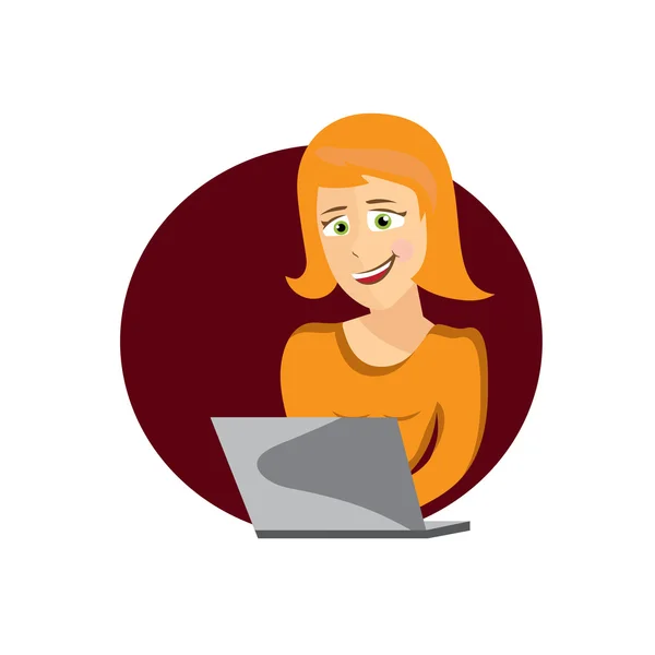 Cartoon afbeelding van jonge vrouw met laptop — Stockvector