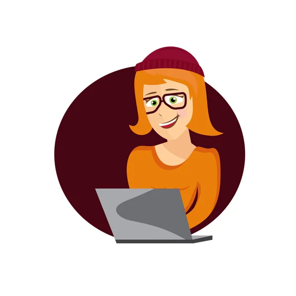 Cartoon illustratie van jonge hipster vrouw met laptop — Stockvector