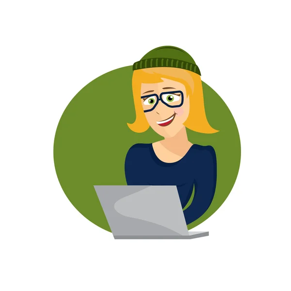 Cartoon illustratie van jonge hipster vrouw met laptop — Stockvector