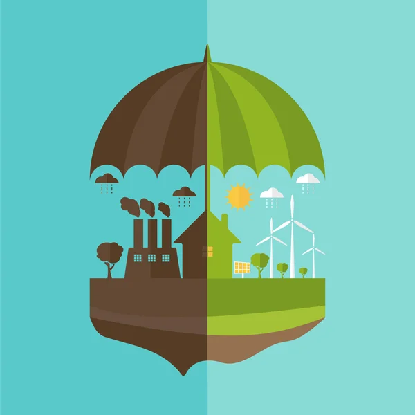 Illustrationen Konzept von Regenschirm und Erde mit Ikonen der Ökologie — Stockvektor