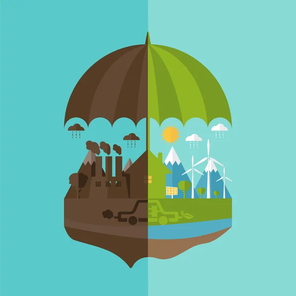 Illustrations concept of umbrella and earth with icons of ecolog — Stock Vector