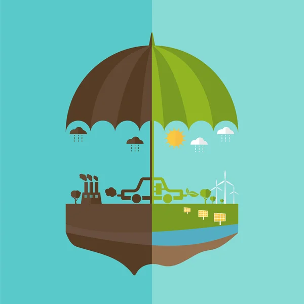 Концепция иллюстраций зонта и земли с иконами эколога — стоковый вектор