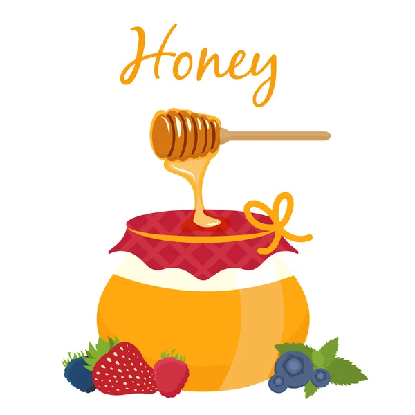Illustration von Honigtopf und Honiglöffel. Vektor — Stockvektor