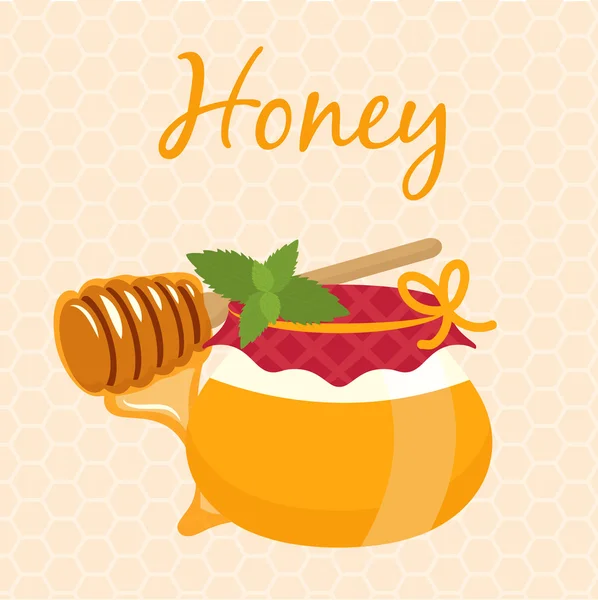 Illustration of honey pot and honey dipper. Vector — Stock Vector