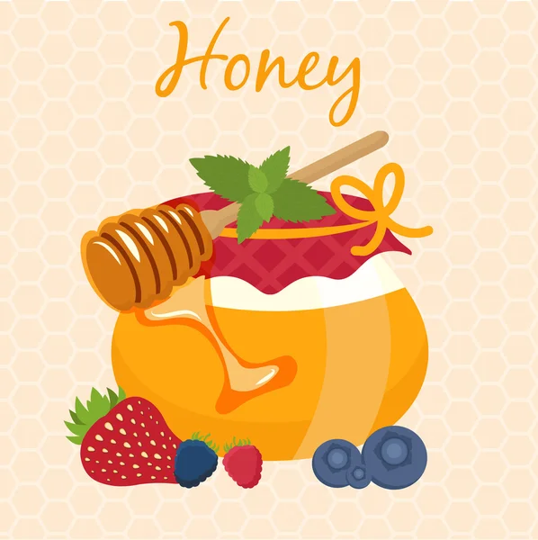 Ilustração de pote de mel e mel dipper. Vetor — Vetor de Stock