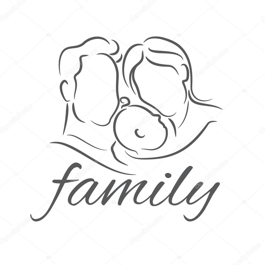 Mother with baby, linear silhouette illustrations 