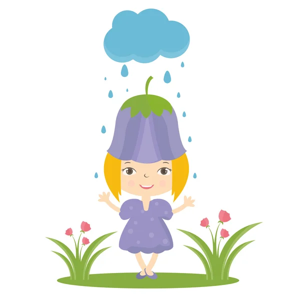 Illustration of happy small girl in flower hat. Vector — Stock Vector