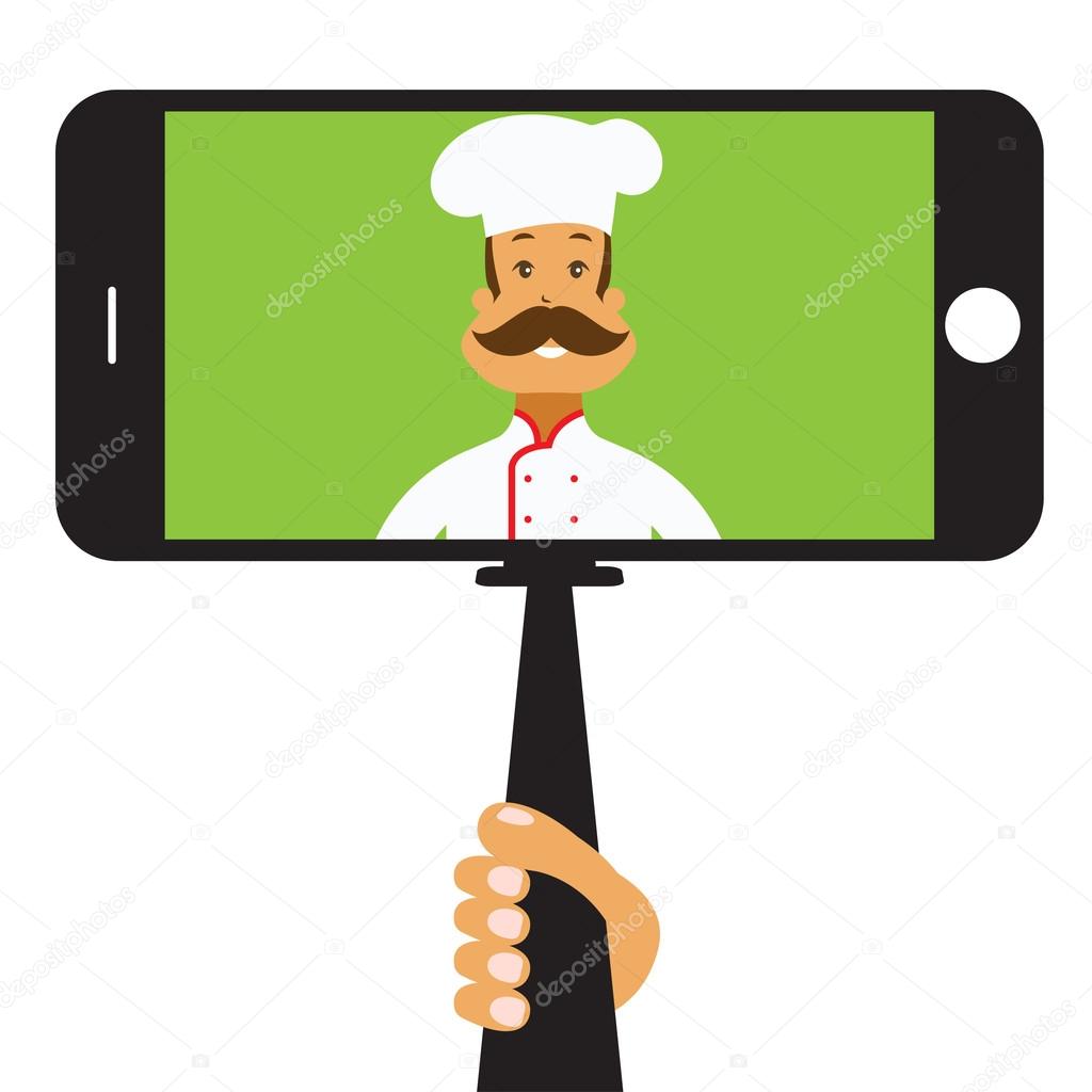 Monopod Selfie with cartoon chef .Vector