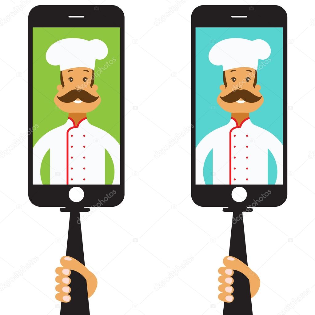 Monopod Selfie with cartoon chef .Vector