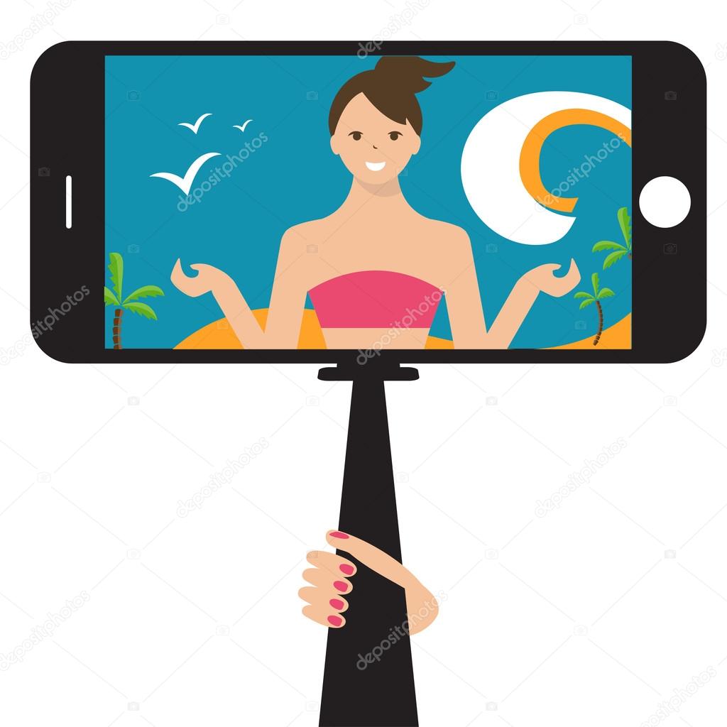 Monopod Selfie with cartoon woman .Vector