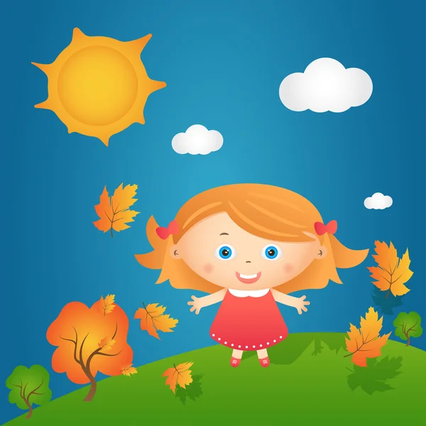 Cartoon illustration of happy little girl in autumn landscape. V — Stock Vector