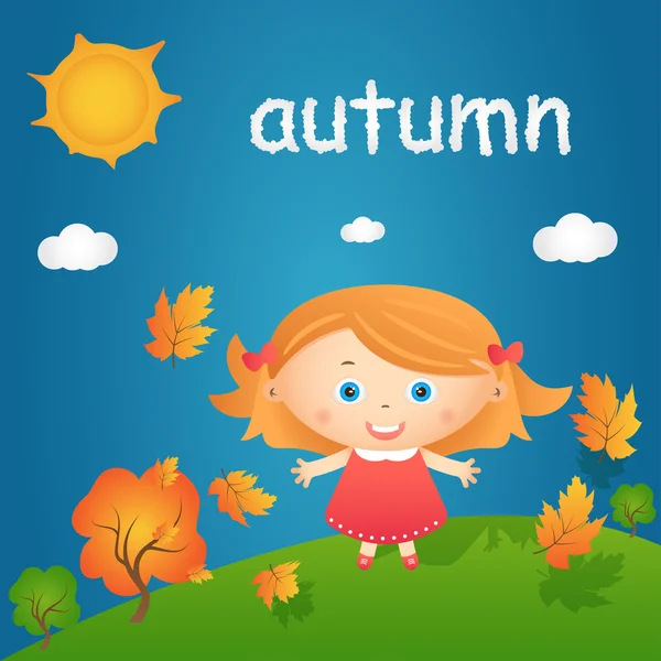 Cartoon illustration of happy little girl in autumn landscape. V — Stock Vector