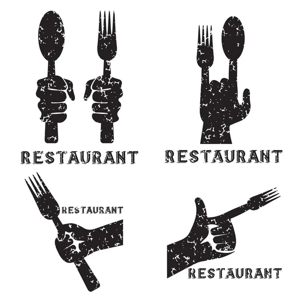 Conjunto de emblemas vectoriales grunge vintage de restaurante con las manos — Vector de stock