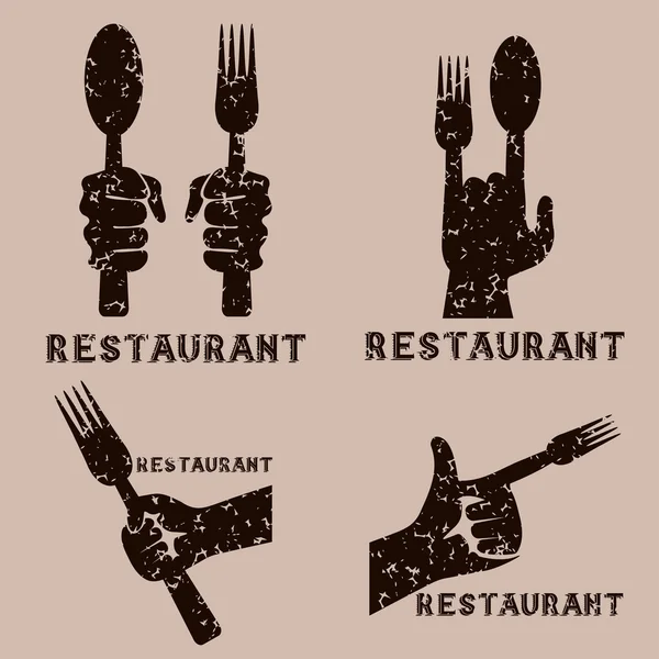 Conjunto de emblemas vectoriales grunge vintage de restaurante con las manos — Archivo Imágenes Vectoriales