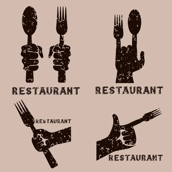 Jogo de emblemas de vetor vintage grunge de restaurante com mãos — Vetor de Stock