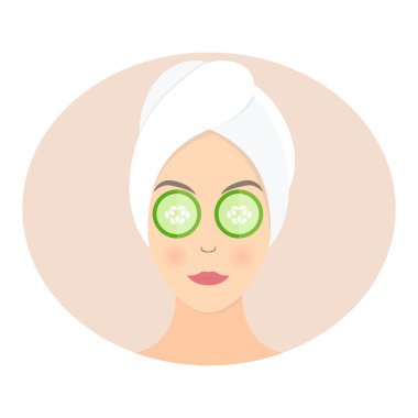 Gözleri üzerinde salatalık maskesi ile düz tasarım bir kadının. Vektör