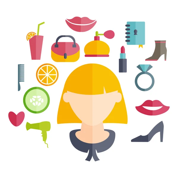 Flat design of a girl with hairstyle and icons of various women' — ストックベクタ