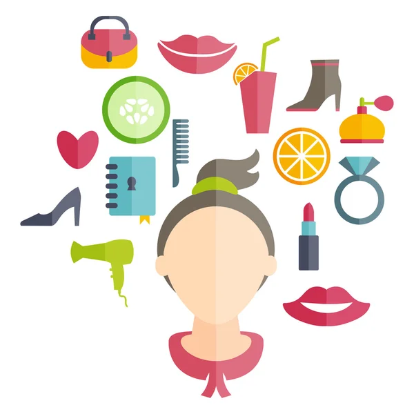 Flat design of a girl with hairstyle and icons of various women' — Stockvector