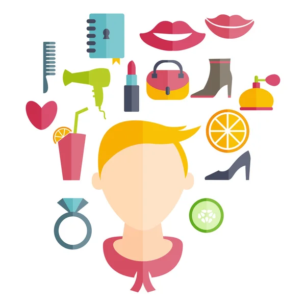 Flat design of a girl with hairstyle and icons of various women' — ストックベクタ