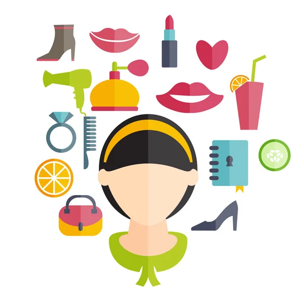 Flat design of a girl with hairstyle and icons of various women' — 图库矢量图片