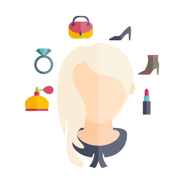 Flat design of a girl with hairstyle and icons of various women' — Stockový vektor