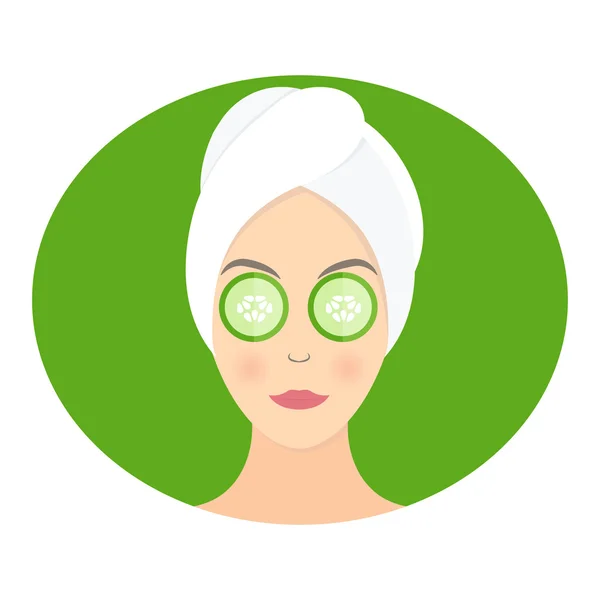 Platt design av en kvinna med mask av gurka på ögonen. Vektor — Stock vektor