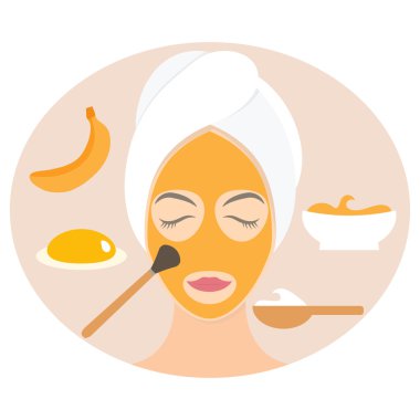 Düz tasarım kadında doğal maskesi, yoğurt, yumurta sarısı ve muz