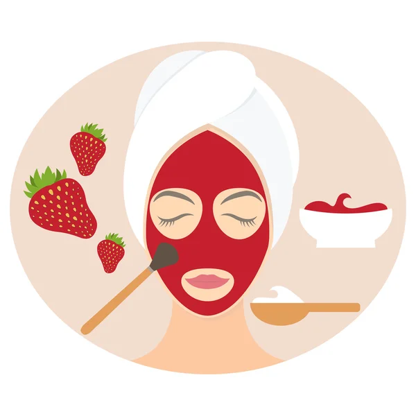 Επίπεδη σχεδίαση γυναίκα στην φυσική μάσκα από γιαούρτι, τον κρόκο αυγού και Φραουλ — Διανυσματικό Αρχείο
