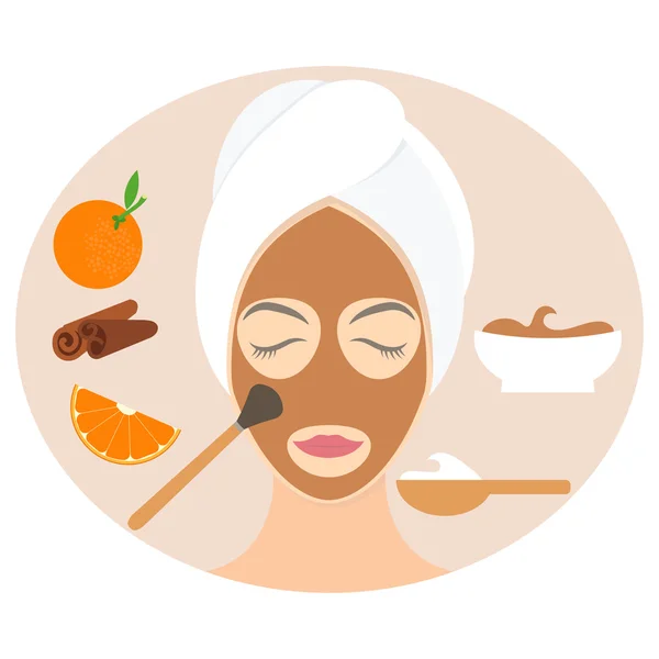 Επίπεδη σχεδίαση γυναίκα στην φυσική μάσκα από γιαούρτι, πορτοκάλι και κανέλα — Διανυσματικό Αρχείο