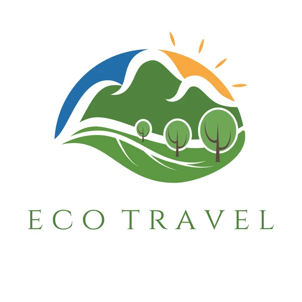 Eco travel illustration con montagne e alberi — Vettoriale Stock