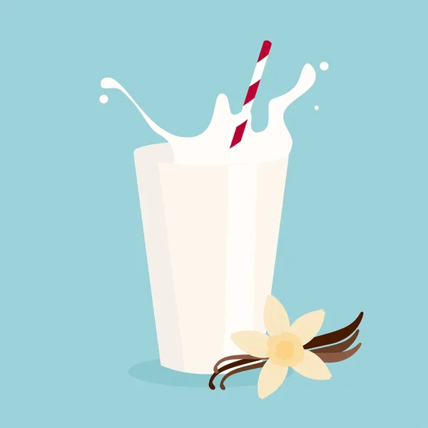 Verre de lait avec tube et illustration vectorielle vanille — Image vectorielle