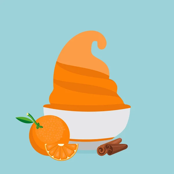 Bevroren yoghurt in de beker met sinaasappel en kaneel vector design — Stockvector
