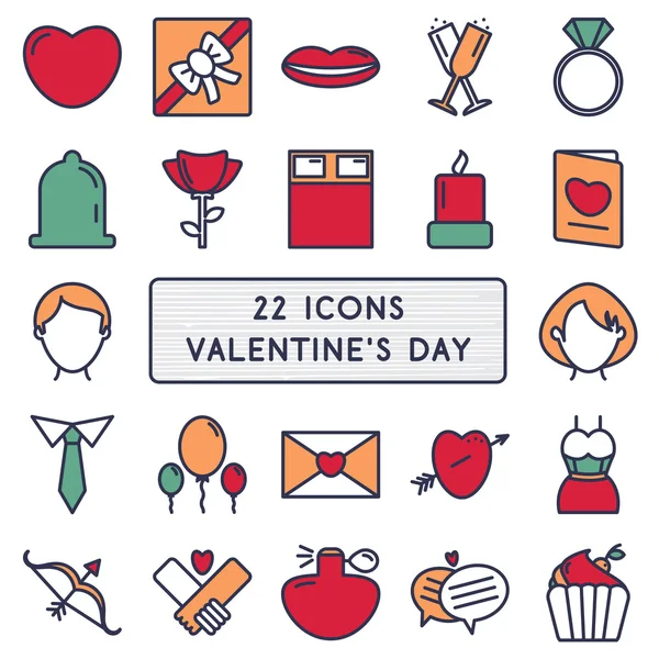 Set de 22 iconos en estilo monolino para el Feliz Día de San Valentín — Archivo Imágenes Vectoriales