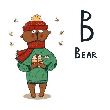 Güzel Noel alfabesi. B harfi, Ayı. Çocuklar için alfabe serisi. Bebek kartı..