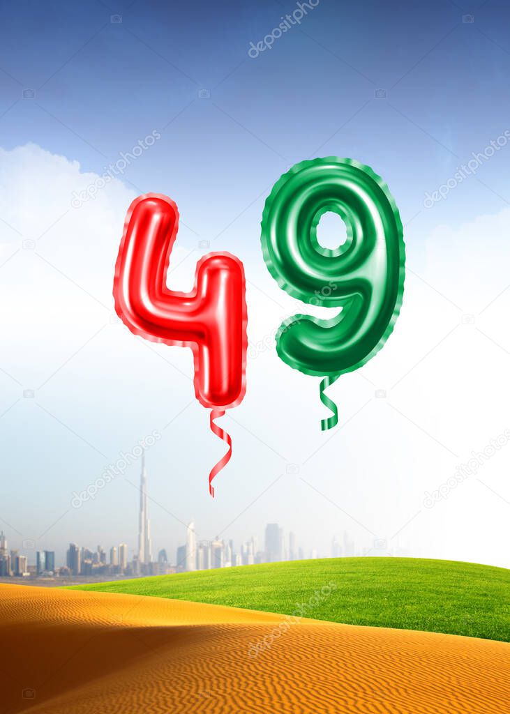 Emirates National Day Greeting 49th anniversary, December 2nd. 3D rendering of the number 49.