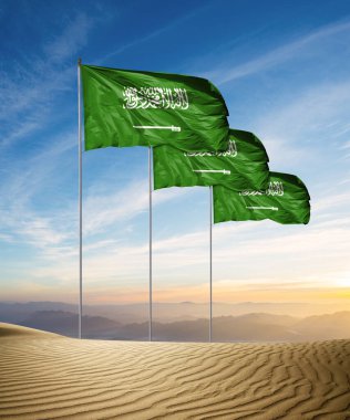 KSA Ulusal Günü (23 Eylül). Çölde 3 bayrak seti.