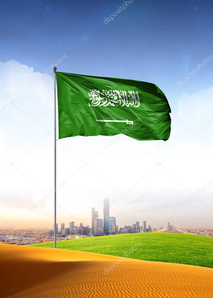 KSA National Day (September 23). Saudi flag and Riyadh skyline.