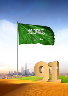 KSA 91. Ulusal Günü (23 Eylül). 91. numaranın Suudi bayrağı ve Riyad siluetinin 3D çizimi.