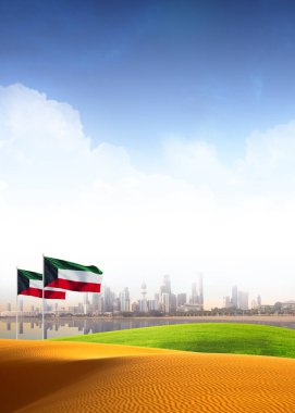 3D illüstrasyon Kuveyt bayrakları, Ulusal Gün selamlaması. Yeşil tepeler çöl.