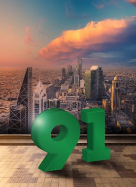 KSA 91. Ulusal Günü (23 Eylül). Sancak ve Riyad silueti ile 91 numaranın 3D canlandırması.