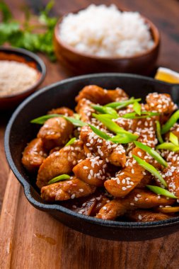  Teriyaki tavuk göğsü ve susam tohumları. Yakın plan, geleneksel Asya yemeği. Yüksek kalite fotoğraf