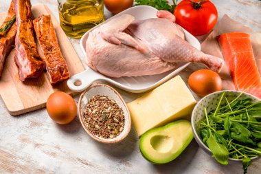 A set of different products for the keto diet. Chicken, meat, eggs, vegetables, avocado, cheese, fish. Low carbs diet concept, close up. High quality photo