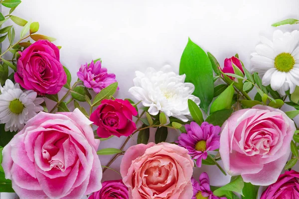 Krásné letní květiny na bílém pozadí s prázdným prostorem pro text. Růžové růže a bílé sedmikrásky pohled shora — Stock fotografie
