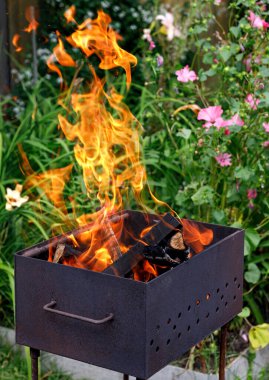 Açık havada bir barbekü. Çiçeklerin arka planında odun olan şenlik ateşi.