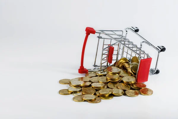 Kırmızılı boş bir süpermarket arabası beyaz arka planda dağınık madeni paralarla..