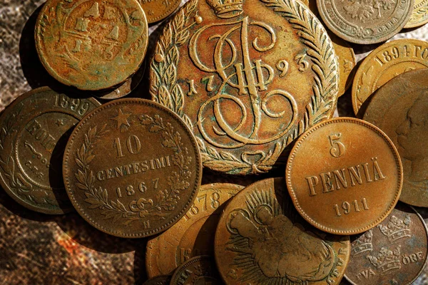 Old ancient coins. Metal money of Russia and European countries.