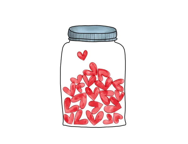 Jar Hearts Doodle Sketch Valentine Day Mother Day Red White — Stock Photo, Image