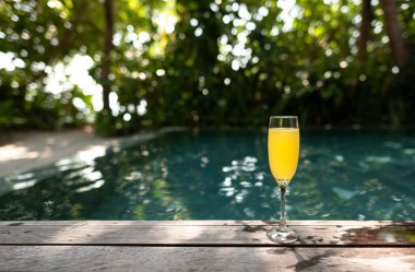 Tropikal bitki yaprakları ve güneş gözlüklerinden oluşan bir arka planda tropik bir kokteyl. Tropikal bitkilerin arka planında. Renk arkaplanı.